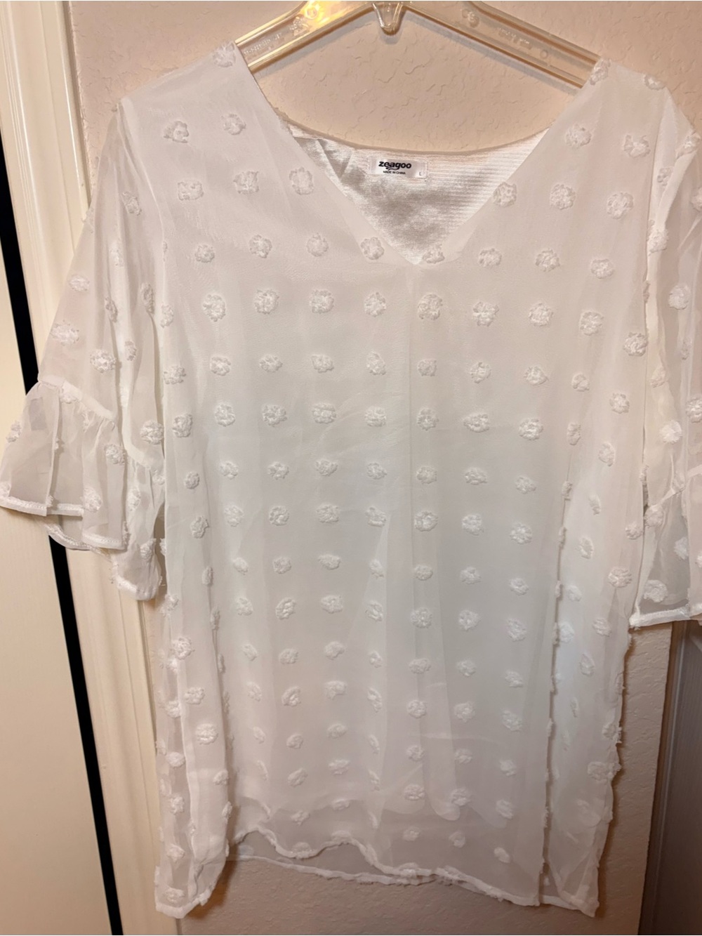 zeagoo White Sheer Dot Textured V-Neck Blouse with Flutter Sleeves